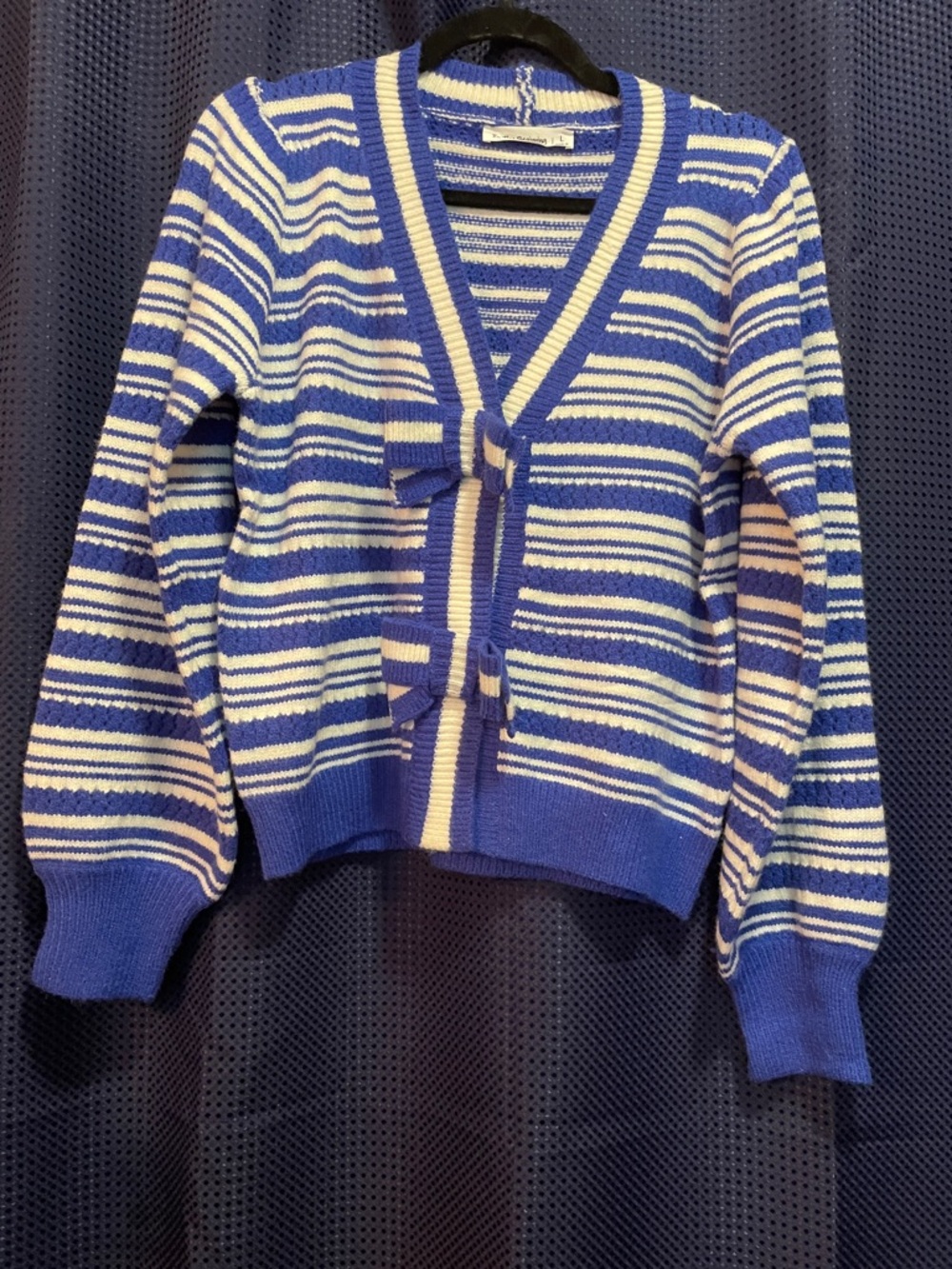 Blue and White Striped V-Neck Cardigan Sweater